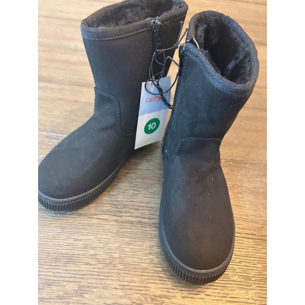 Cat & Jack Winter Boots Kids Size 10 Black Faux Fur Lined Side Zip Cozy